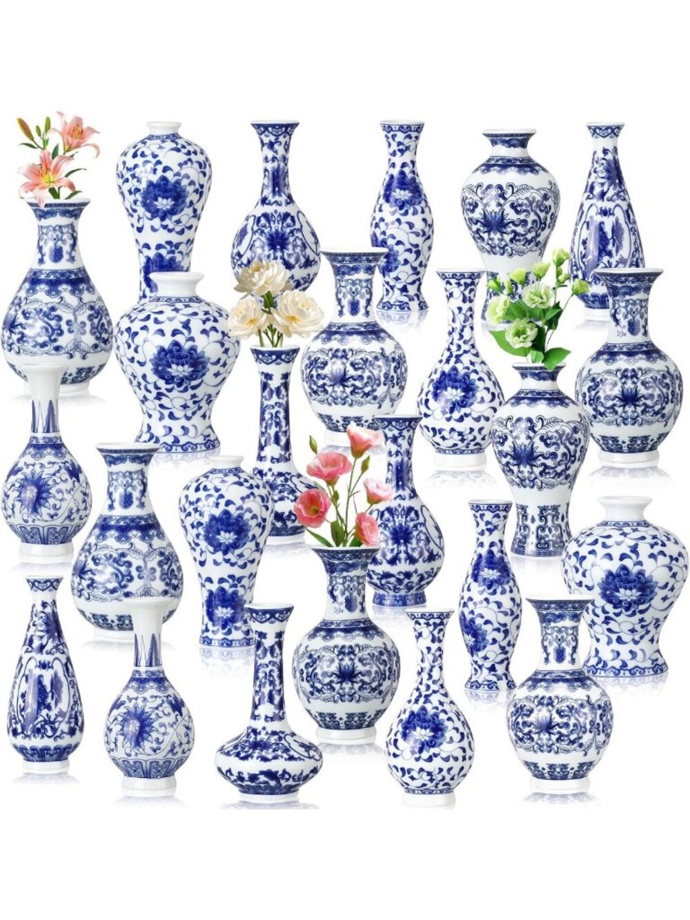 Set of 24 Mini Blue & White Porcelain Vases - Chinoiserie Bud Decor